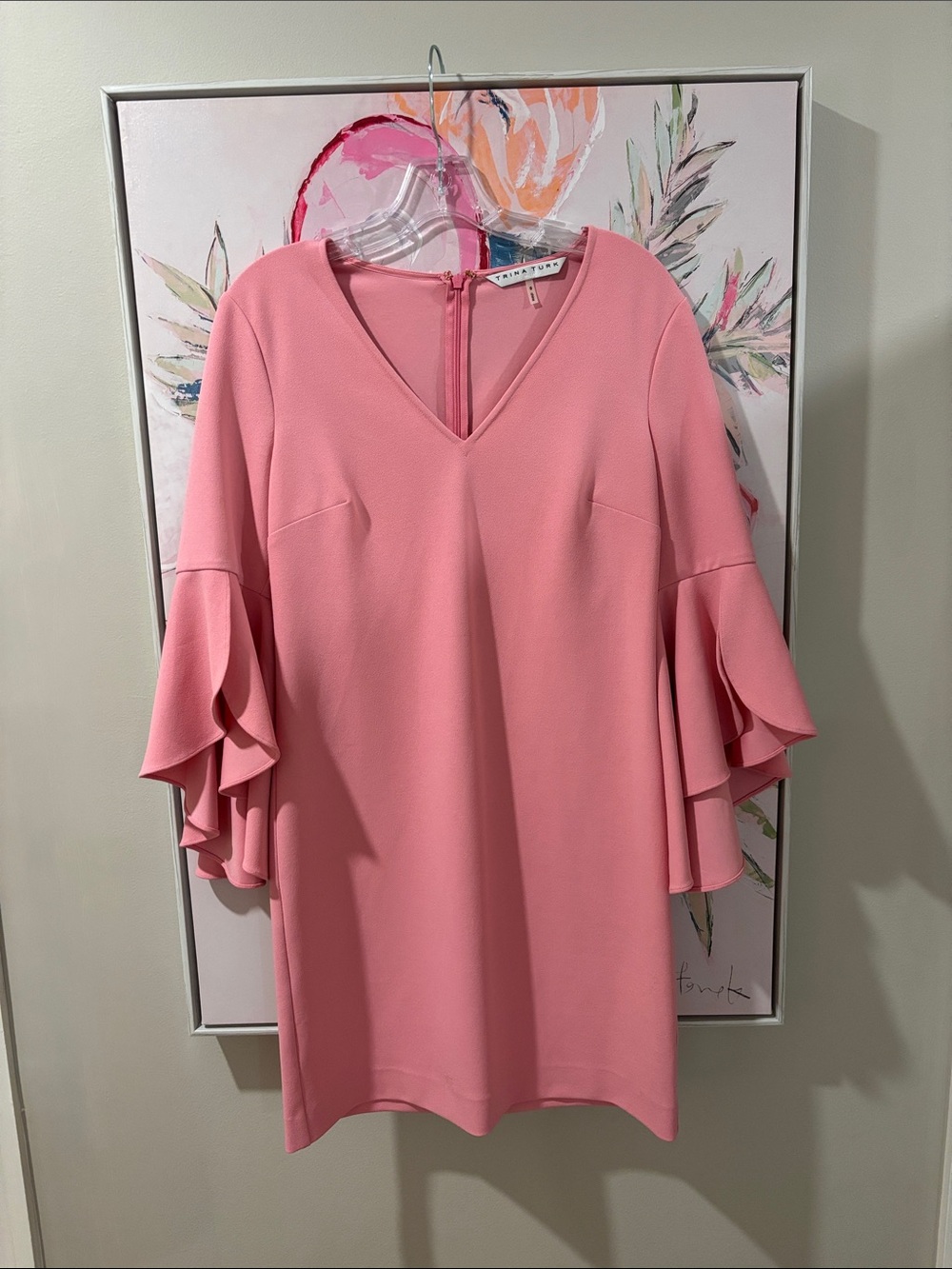 Trina Turk Pink V-Neck Ruffle Sleeve Dress